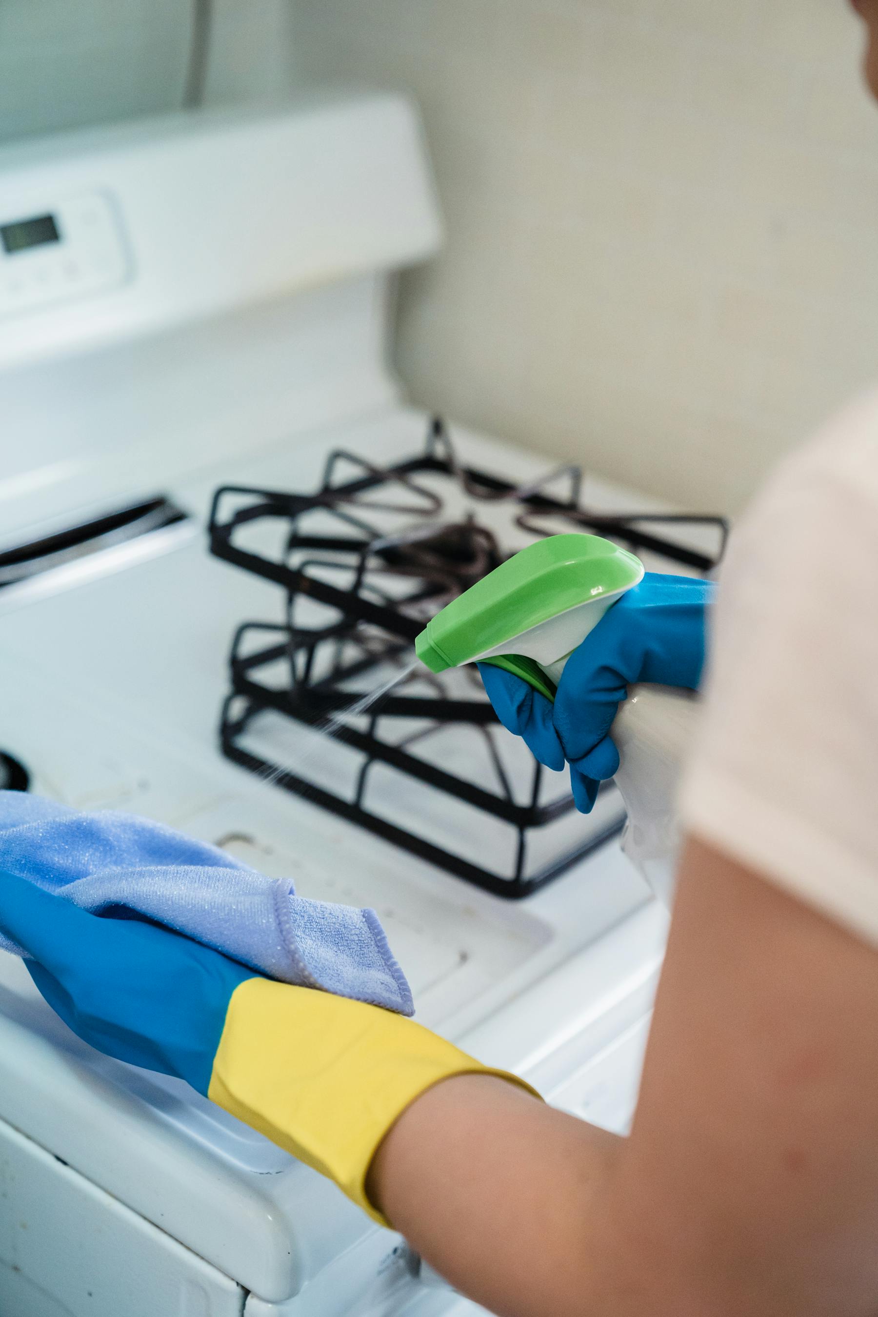 Bright home cleaning with spray bottle and cloth
